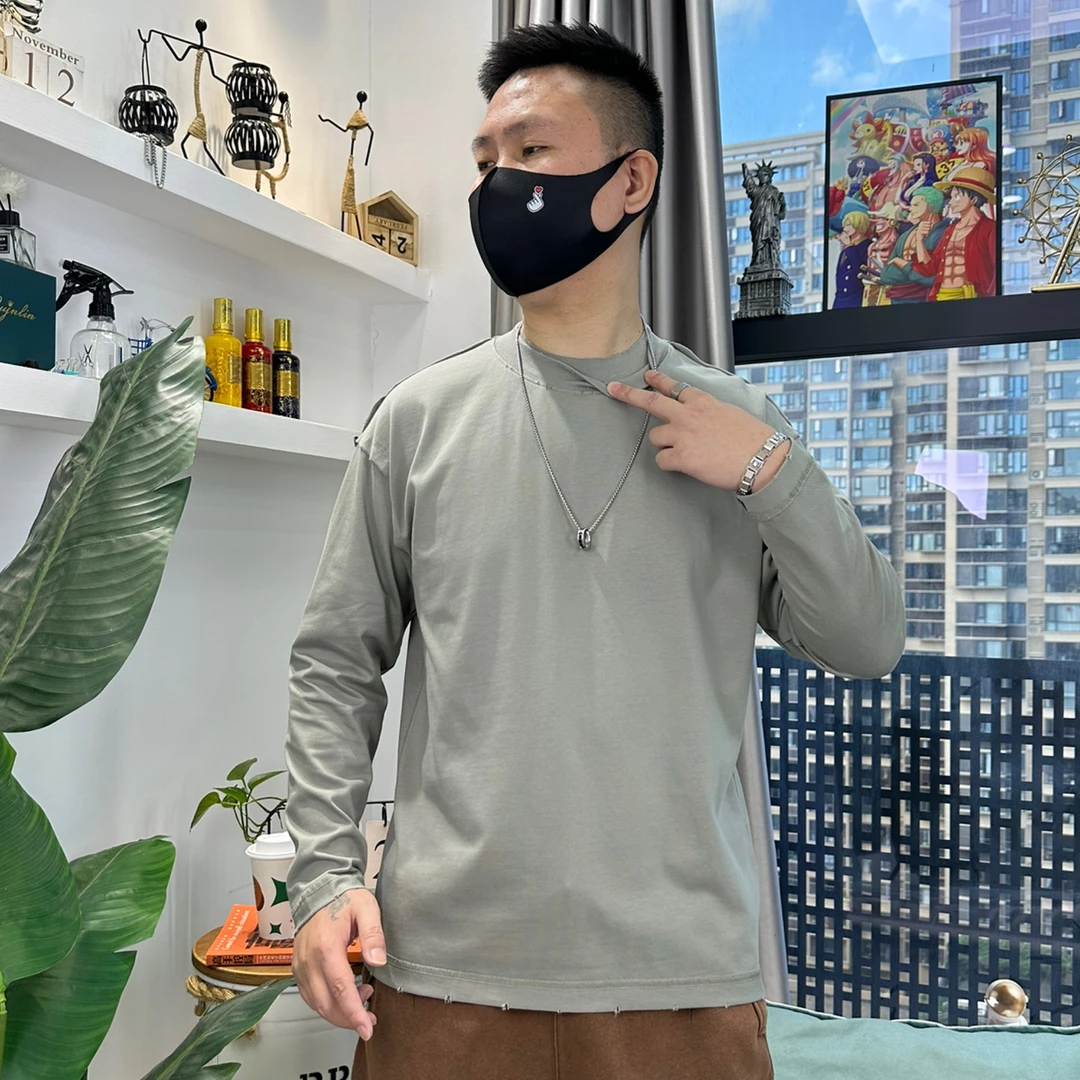 男士秋冬新款宽松潮流男装纯棉洗水磨破双领纯色长袖t恤简约卫衣