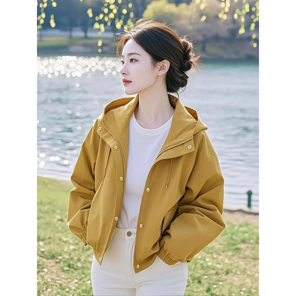 春季新款今年流行爆款独特超好看休闲百搭宽松黄色连帽短款外套女
