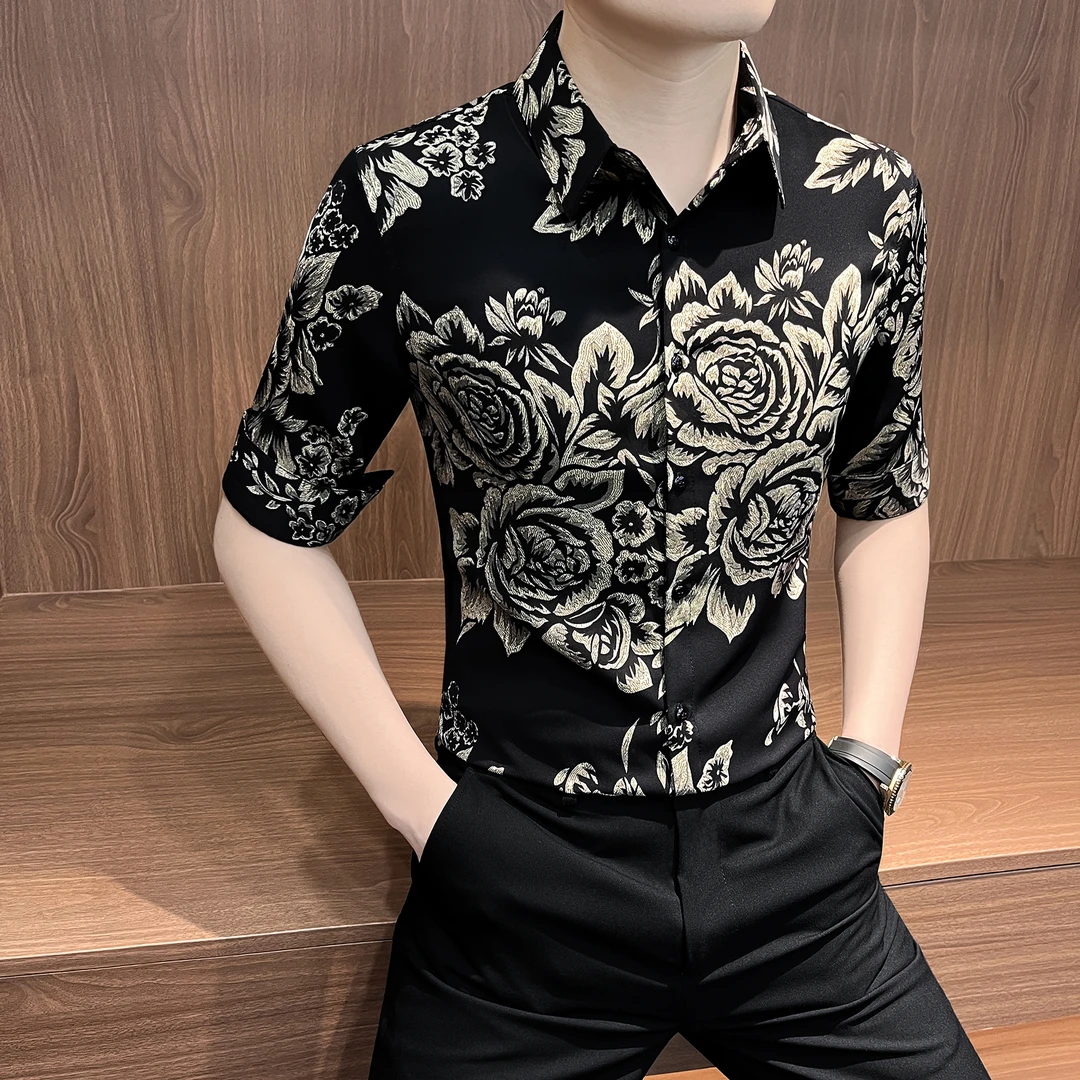 印花衬衫男秋装七分中袖爆款2025新款网红男装痞帅高级感男士衬衣