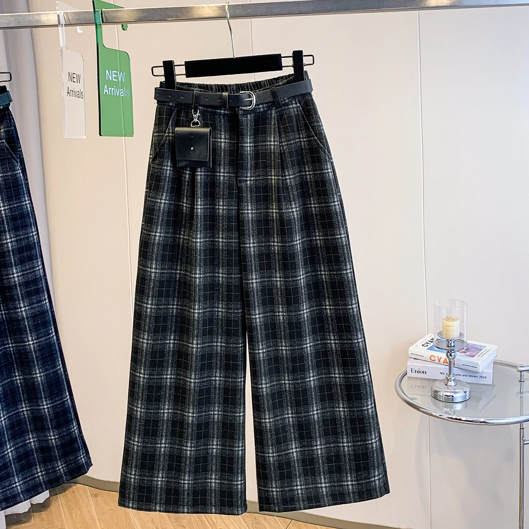 2025秋冬时尚新款复古格子阔腿裤女宽松慵懒休闲裤百搭显瘦八分裤