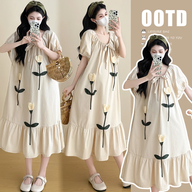 孕妇装2025夏季新款韩版郁金香舒适宽松气质显瘦短袖孕期连衣裙