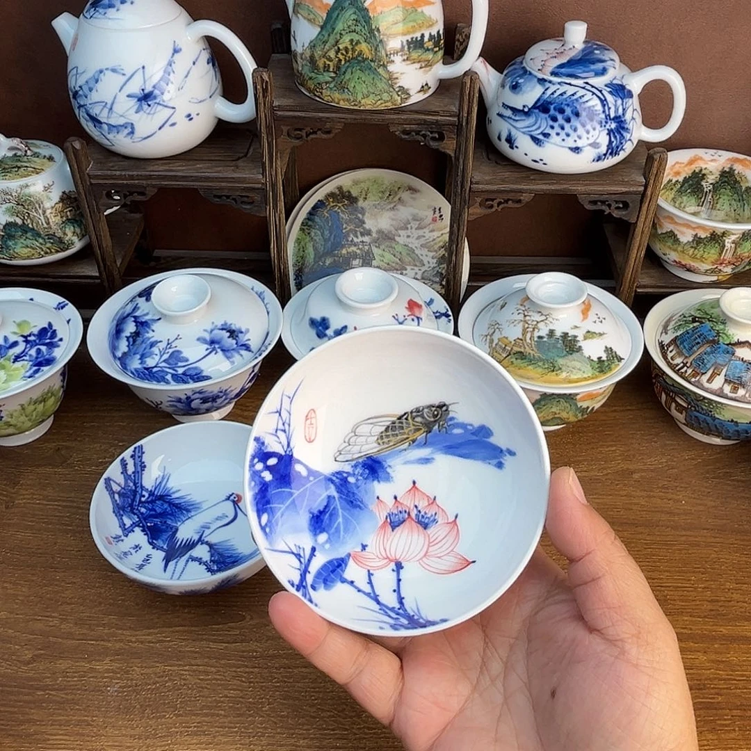 忠意堂釉下彩荷花蝉