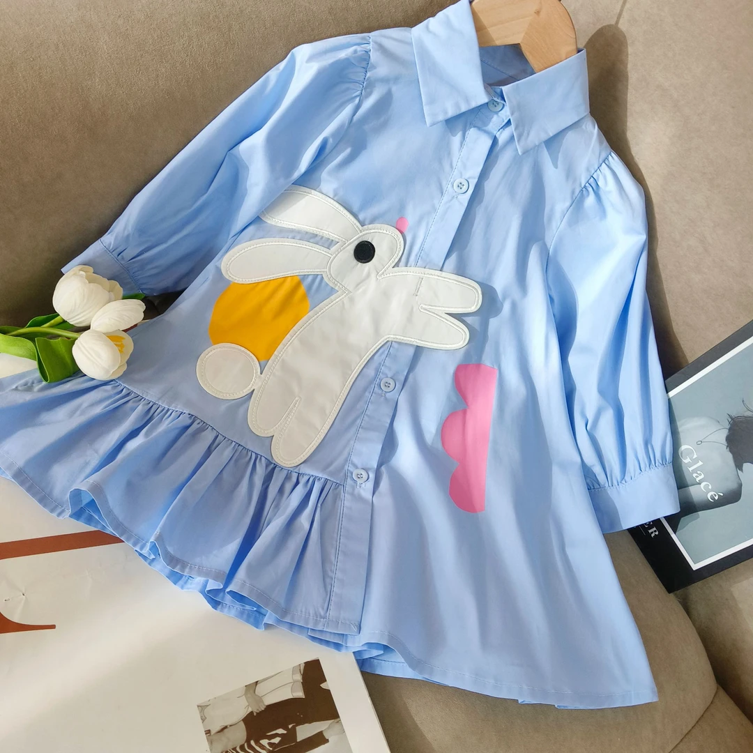 女童连衣裙春秋新款洋气女童衬衫裙小女孩可爱小兔子短袖连衣裙