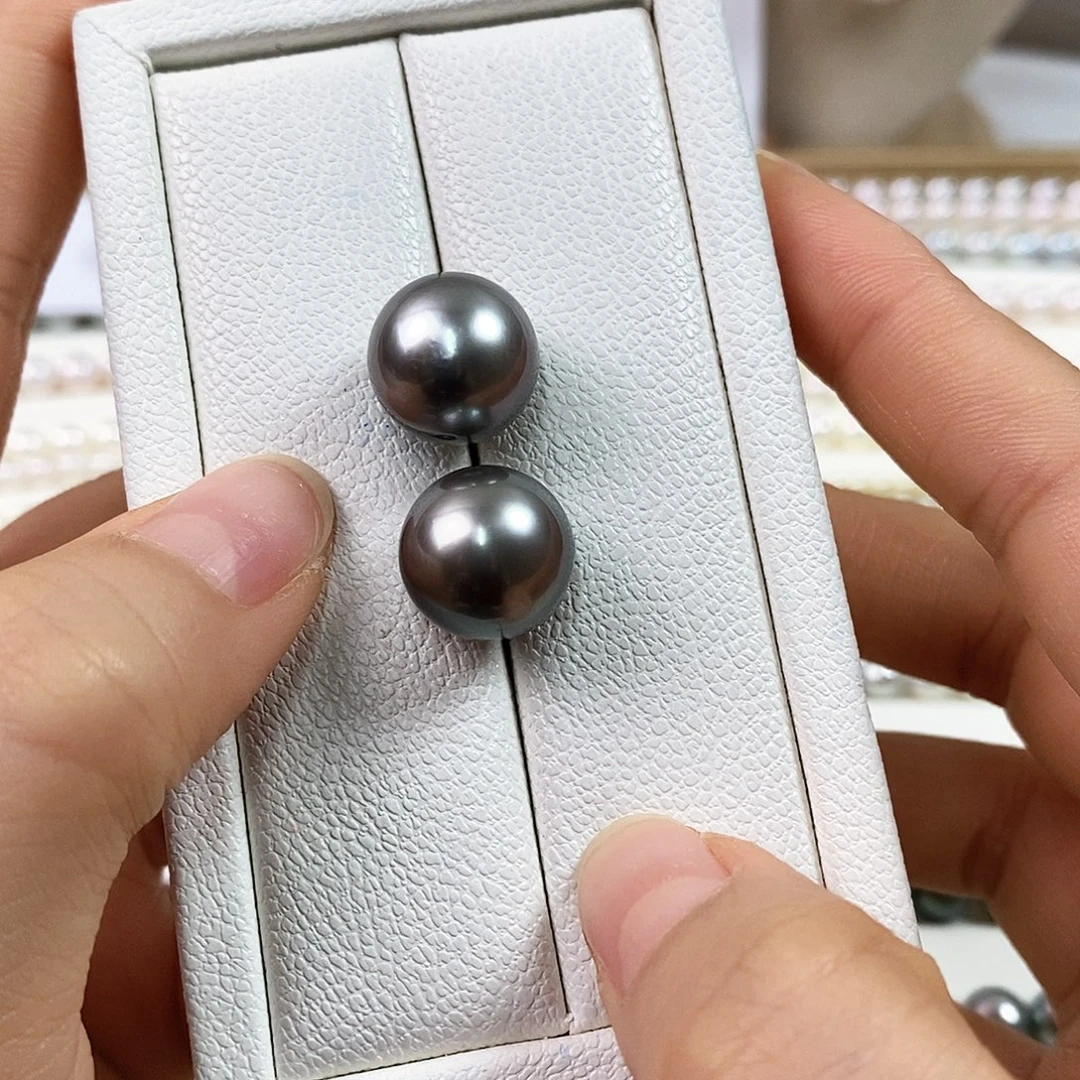 海水珍珠耳饰银S925镶嵌13-14m大溪地黑珍珠耳钉（铂金灰）