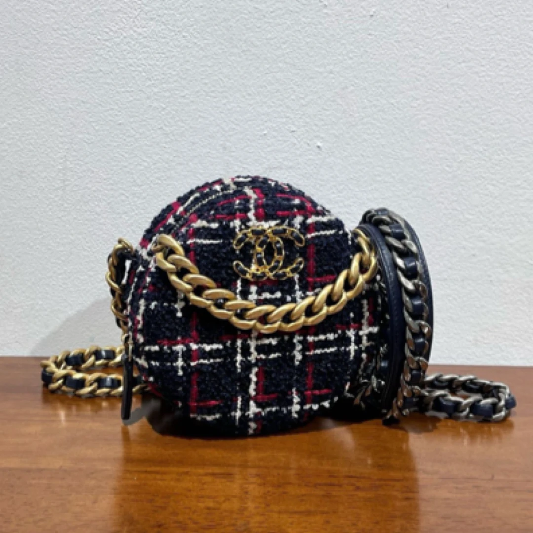 99新 Chanel/香奈儿 20S海军蓝白红粗花毛呢圆饼包