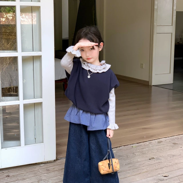 2025秋季女童韩版花边领毛衣儿童洋气时髦上衣牛仔裤套装童装秋装
