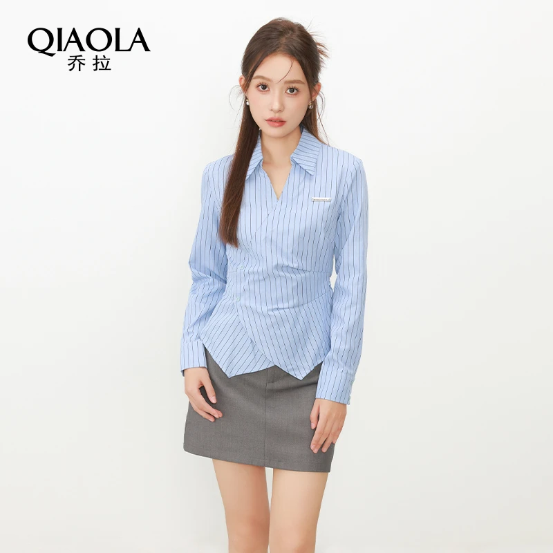 QIAOLA/乔拉【风琴之恋】秋季斜纹梭织压褶学院风减龄时尚套装