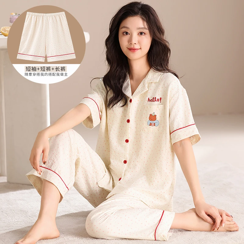 新款女士开衫100%纯棉短袖简约波点睡衣套装家居服三件套可外穿