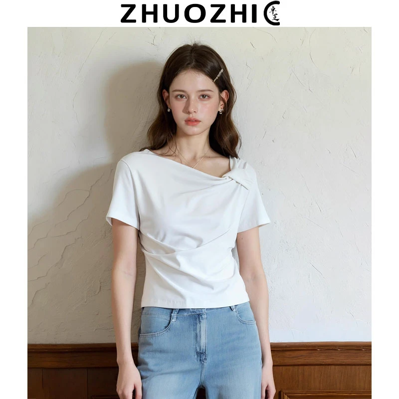 【卓芝】法式不规则扭结斜领纯色短袖T恤2025夏季新款显廋百搭上衣