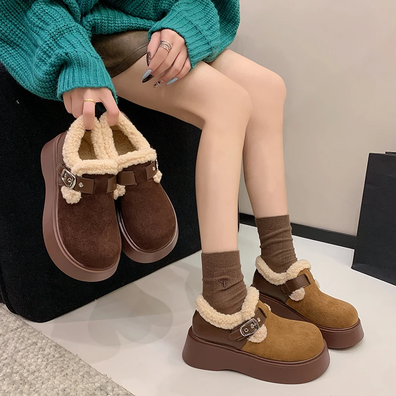 牛皮女鞋勃肯鞋女冬季加绒保暖厚底毛毛鞋加厚厚底棉鞋66188