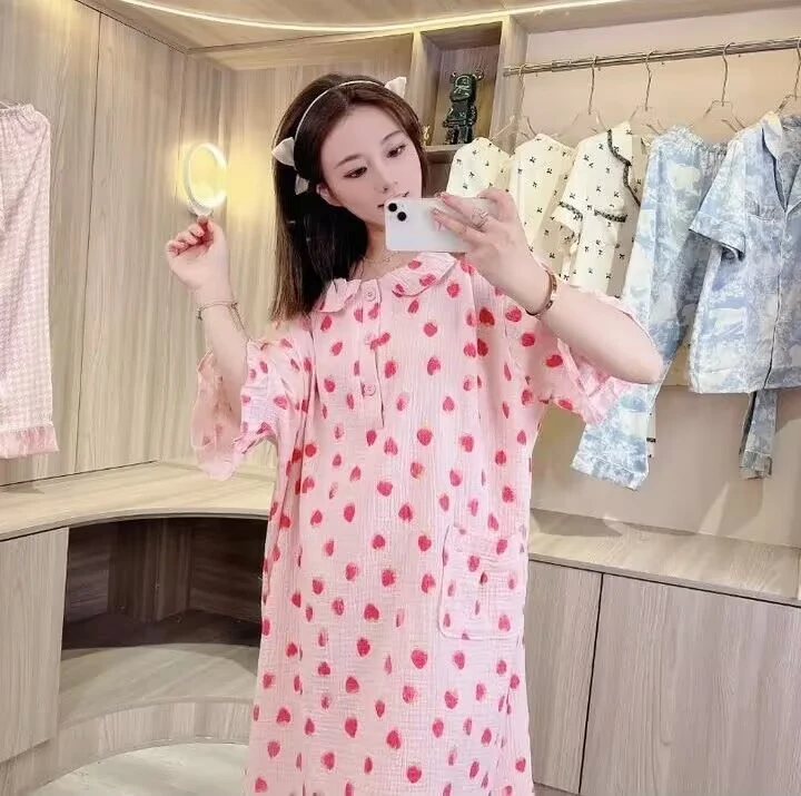 小胖【双层褶皱棉纱】半开扣大码家居服睡裙夏季短袖休闲睡衣连衣裙