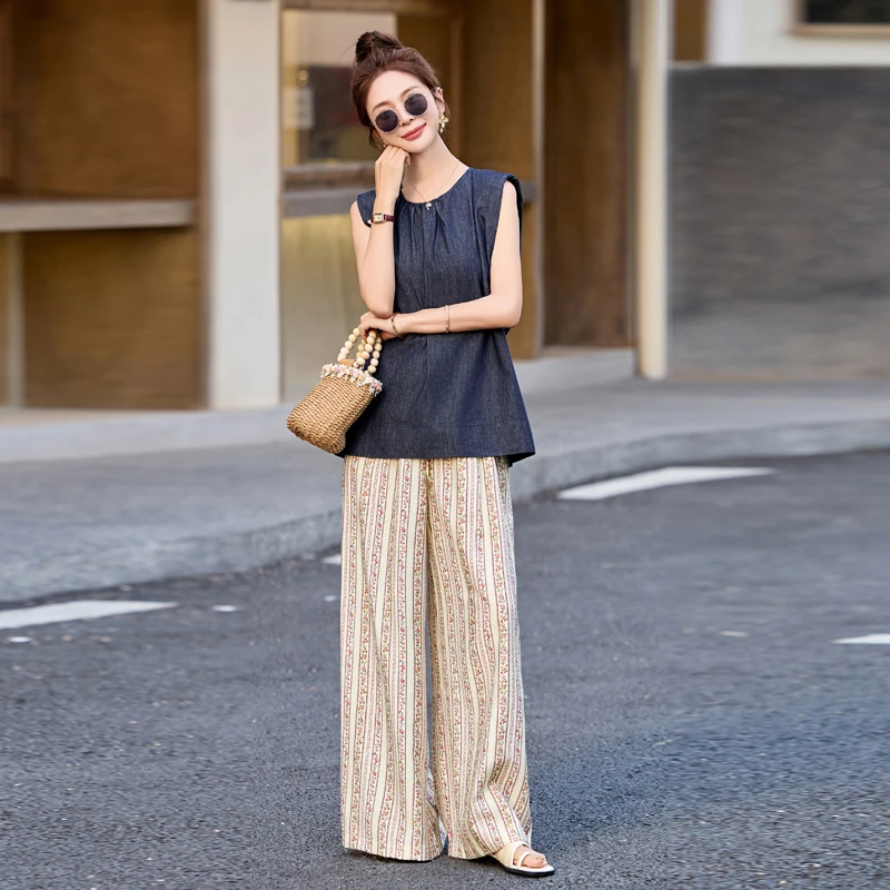 时尚微胖穿搭遮肉套装女2025夏季新款洋气遮肚印花阔腿裤两件套潮