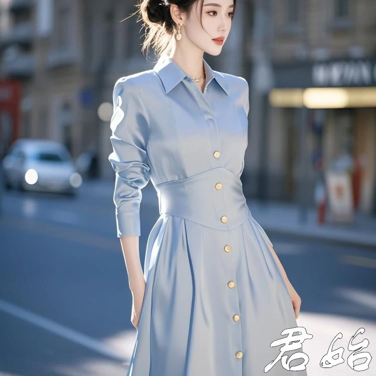 名媛小香风蓝色缎面衬衫连衣裙小众炸街高级感女装秋装2025新款