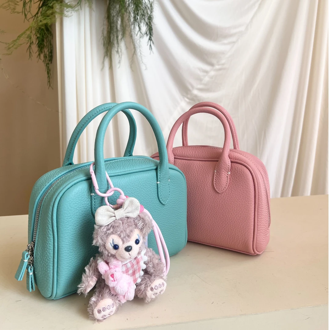 【云端奶油】小众真皮保龄球包手提枕头包百搭单肩斜挎波士顿包