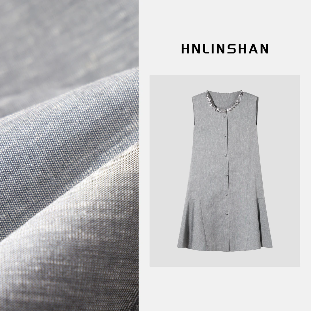HNLINSHAN【清梦】烟青色亚麻连衣裙BXQ2041