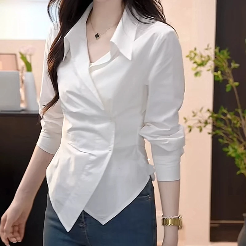 法式设计感不规则小众衬衫女2025秋季新款打底时尚白色长袖衬衣