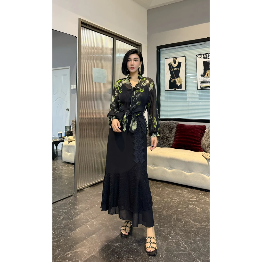 SONG-原创【半身裙-黑曜影后】新款重工拼接蕾丝不规则飘逸半身裙