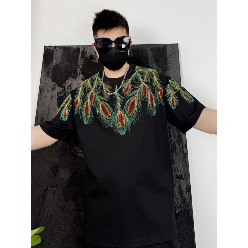 夏季设计款潮牌刺绣羽毛彩绘男士时尚休闲百搭重磅休闲圆领半袖