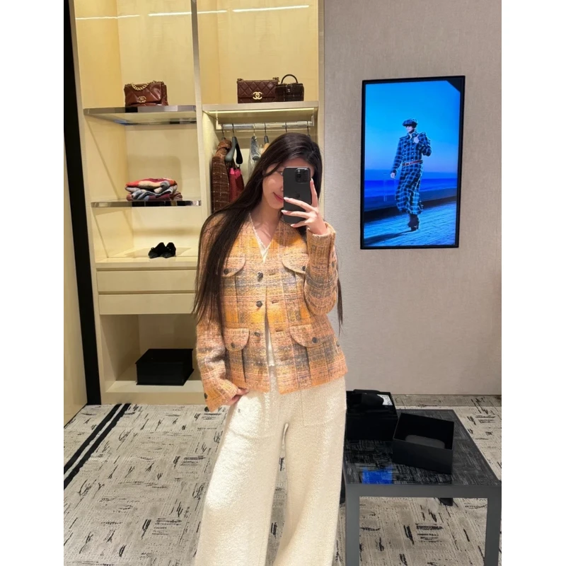 【YY2】香家新款橘色V领粗花呢格纹厚外套