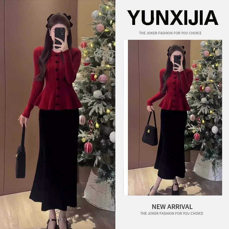 过年穿搭一整套秋冬2025新款氛围感显瘦针织衫百搭半身裙两件套装