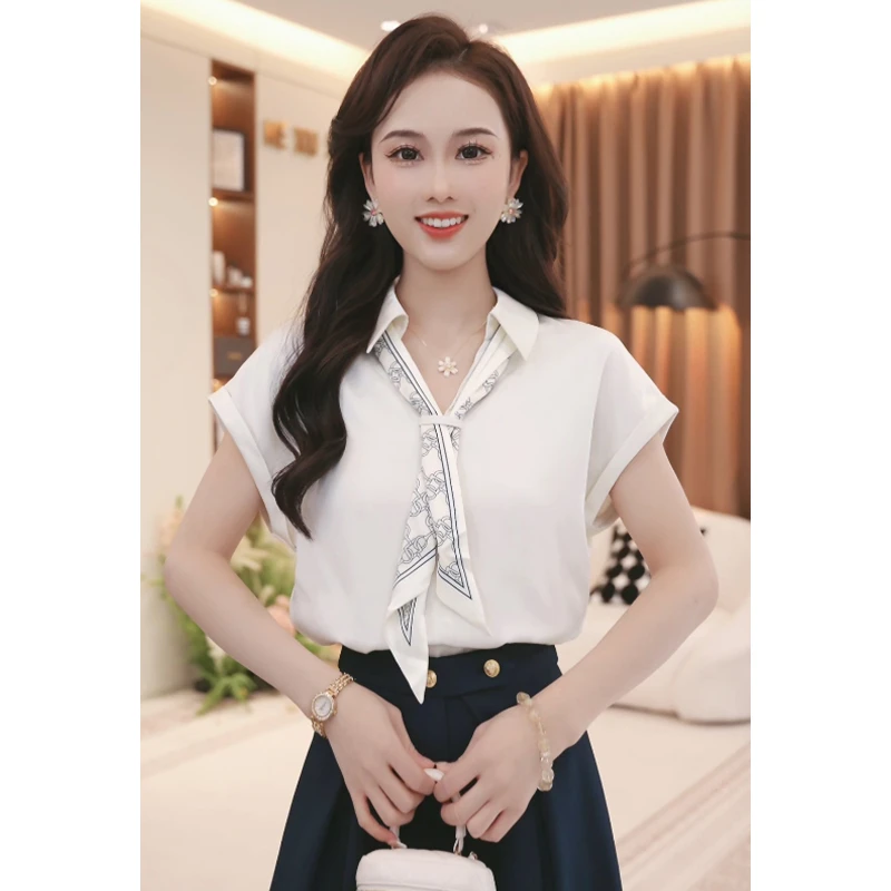 韩系复古街头风带丝巾设计感POLO领衬衫女2025夏季新款洋气上衣