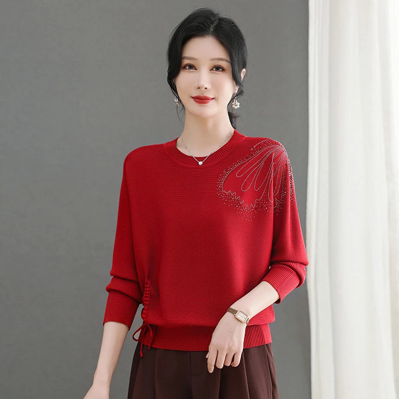 新款长袖显瘦套头大码宽松蝙蝠圆领女肩膀烫钻抽绳针织冰丝打底衫