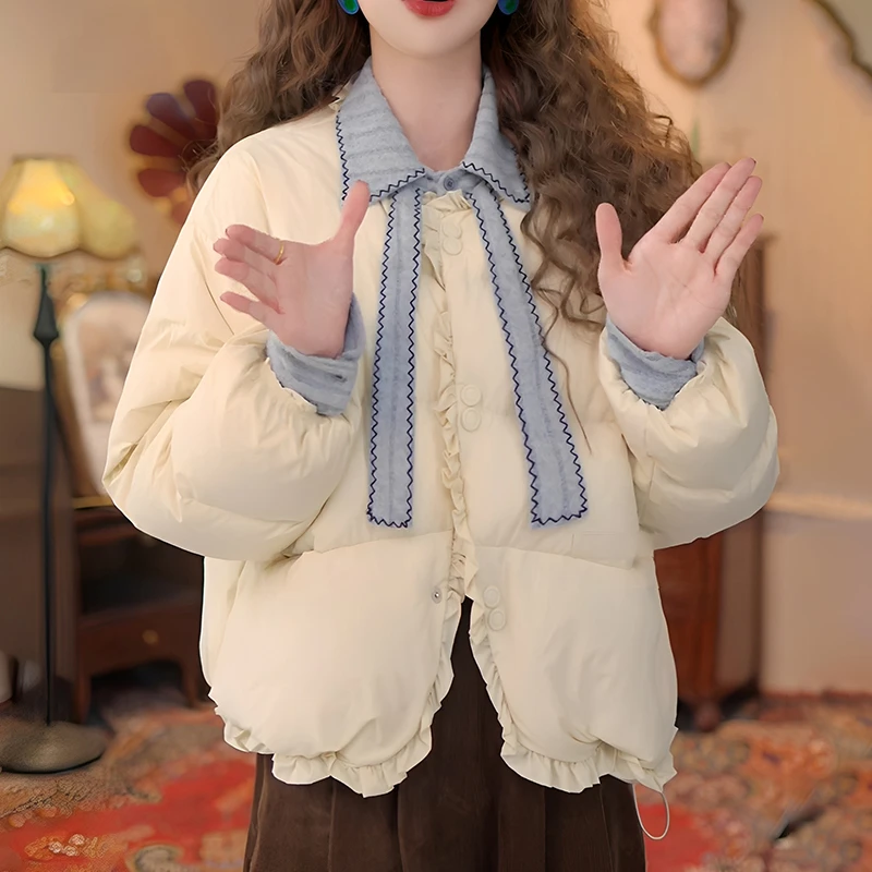 2025秋冬季新款女士黄色木耳边小个子棉衣短外套保暖加厚棉服