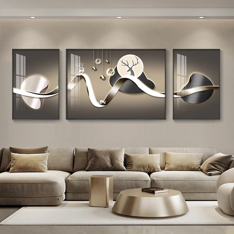 现代轻奢客厅装饰画三联画高级感石来运转沙发背景墙挂画2025新款