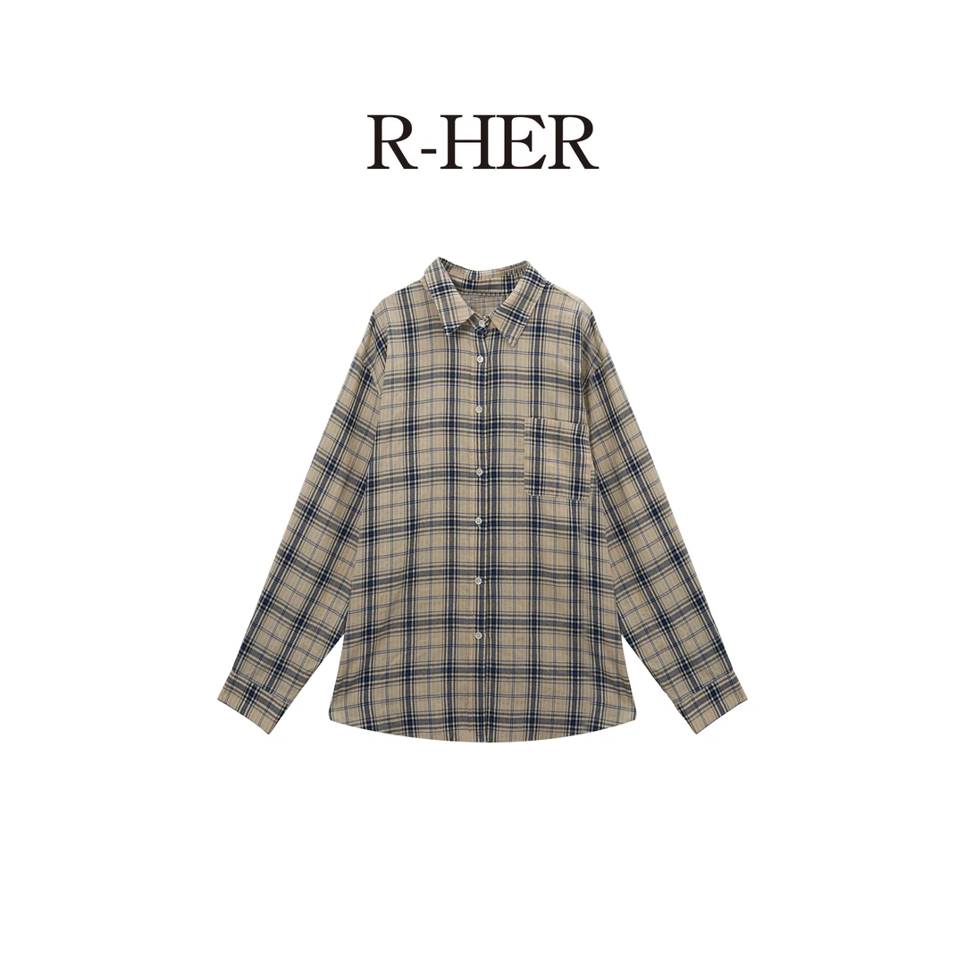 R-HER【复古格衫】时尚气质经典复古百搭撞色格子衬衫女上衣外套