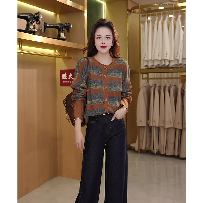 【睦火火】欧韩时尚新款秋冬拼接休闲V领开衫气质百搭宽松上衣女