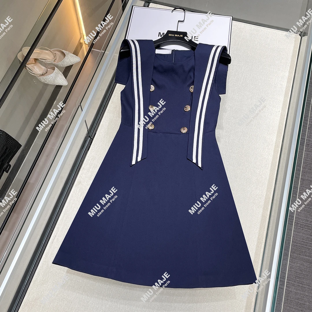 学院风条纹撞色海军领蓝色收腰无袖连衣裙DY4423