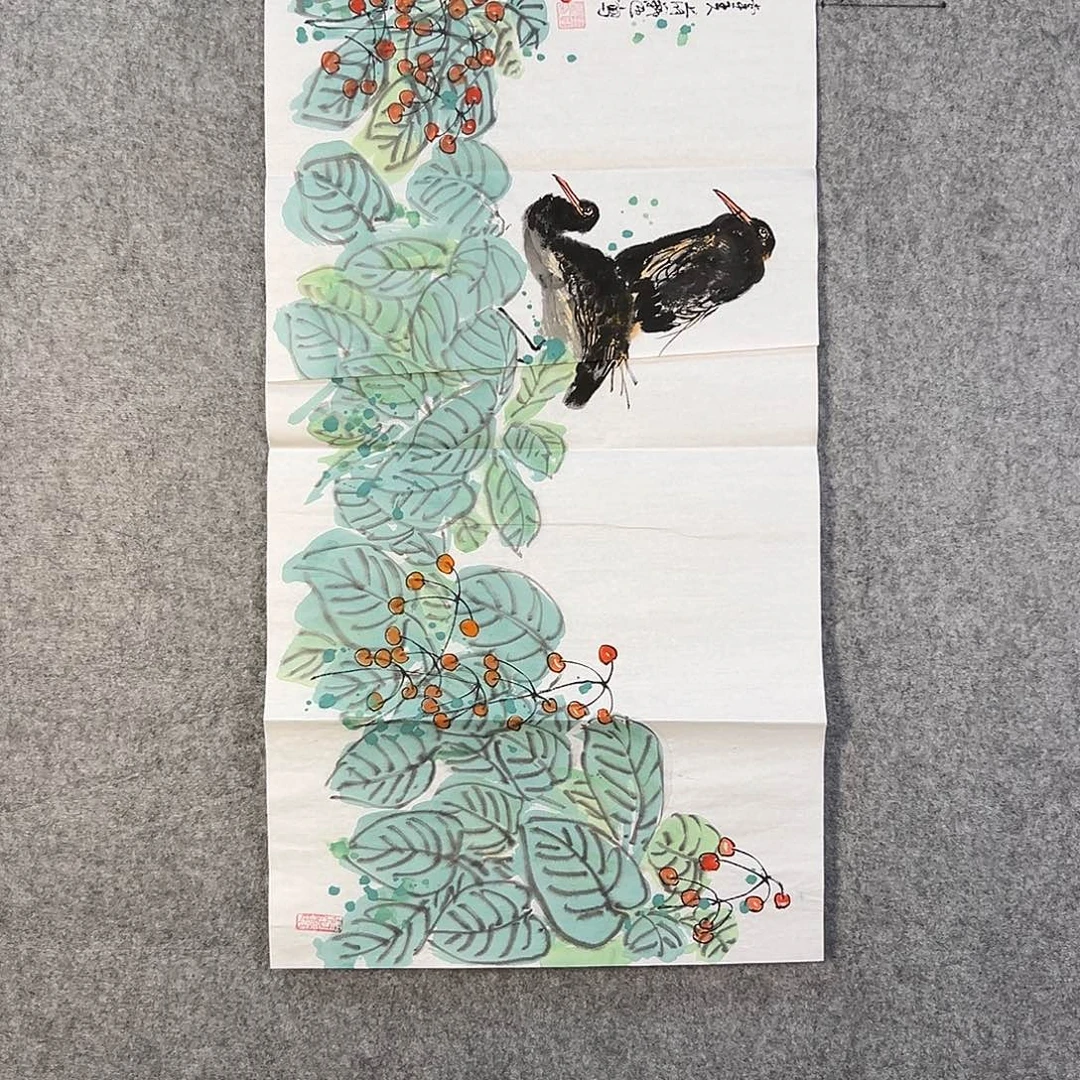 国画407 花鸟在树丛的顶端鸣叫叫声