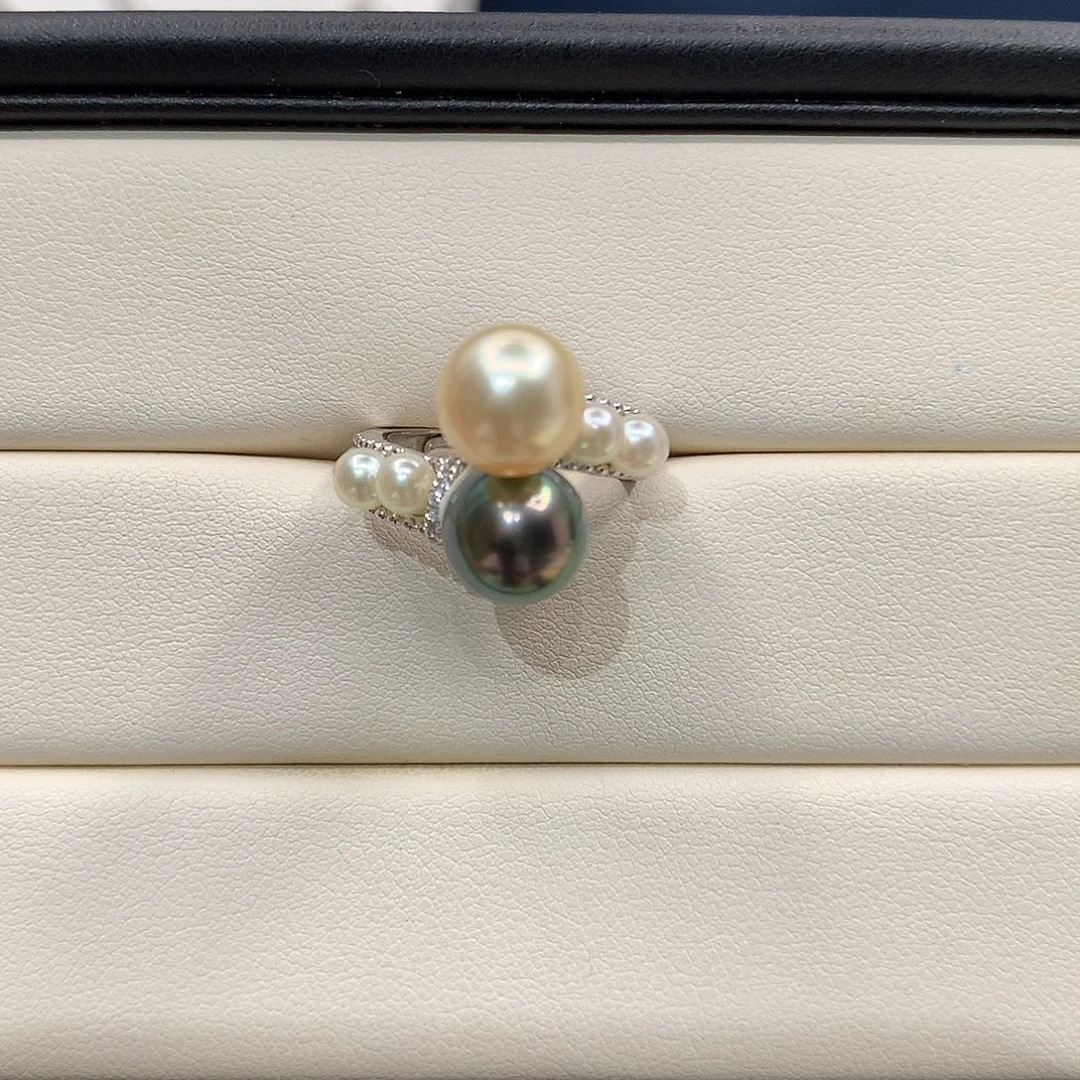 海水珍珠戒圈银S925镶嵌大溪地奶油金akoya戒指