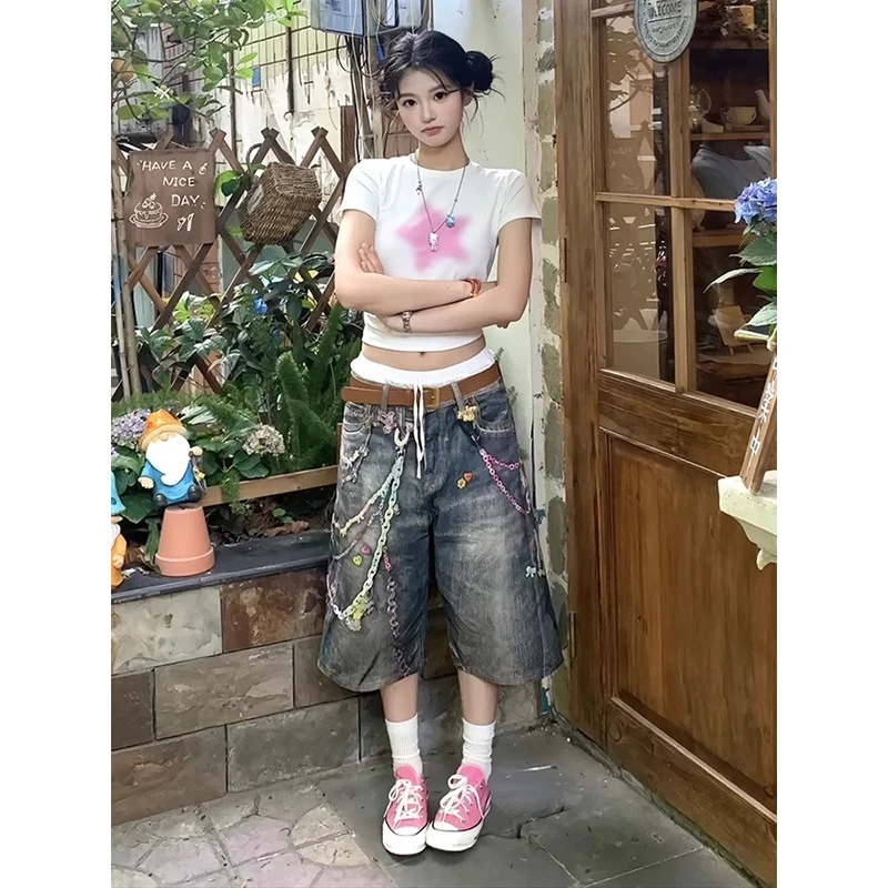 蓝色猫须做旧牛仔短裤男生夏季3D糖果链条印花裤子直筒弯刀七分裤