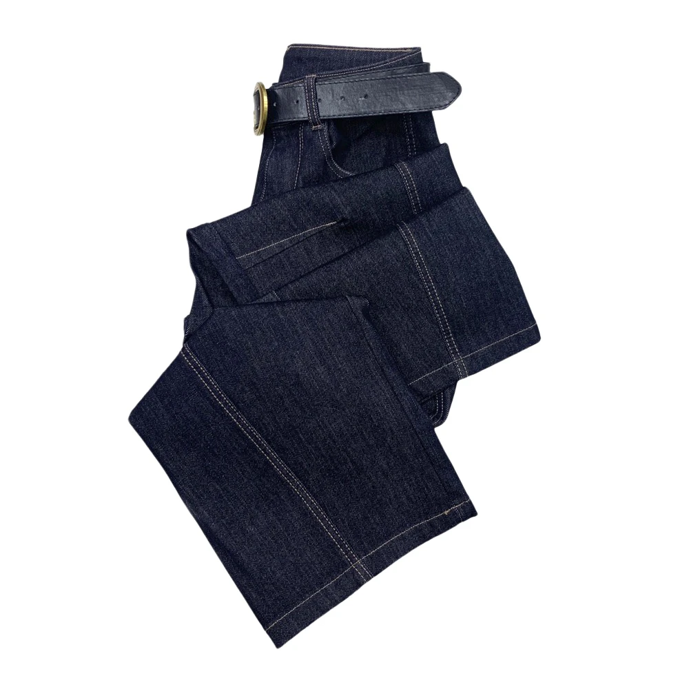 T704弯刀阔腿牛仔裤女秋季显瘦宽松拖地裤(带腰带样式随机)