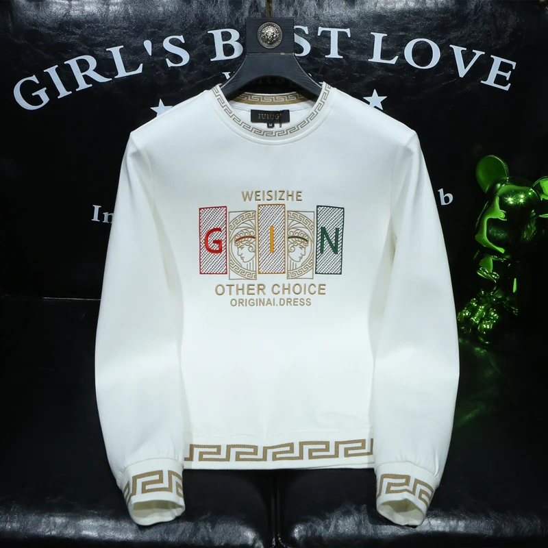 范希巴迪刺绣纯棉卫衣男装秋季新款圆领套头大码长袖T恤男打底衫