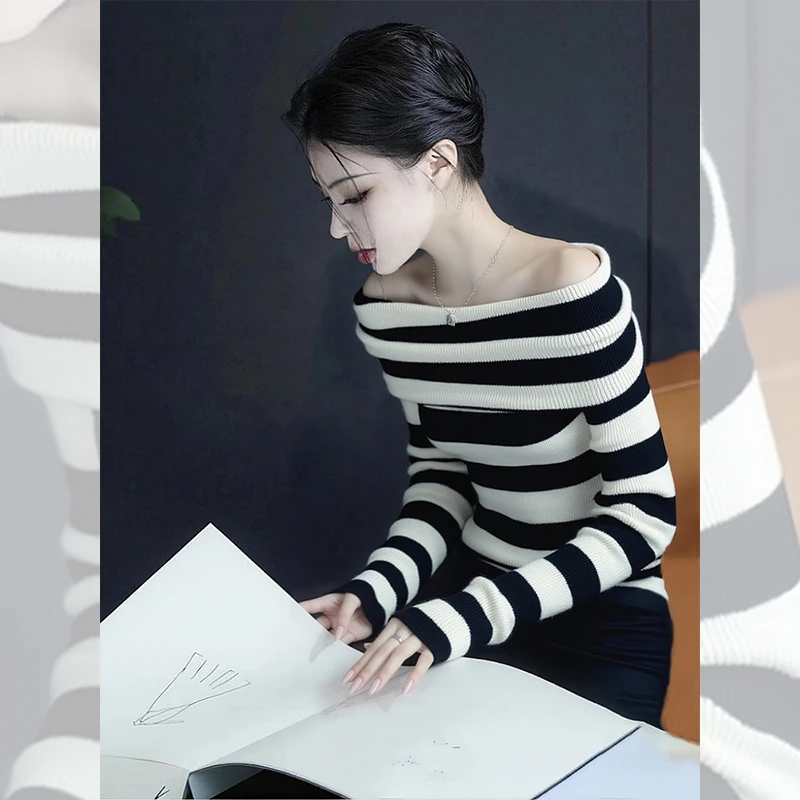 韩系秋冬装内搭条纹一字肩打底衫女内搭洋气高贵针织小衫露肩上衣