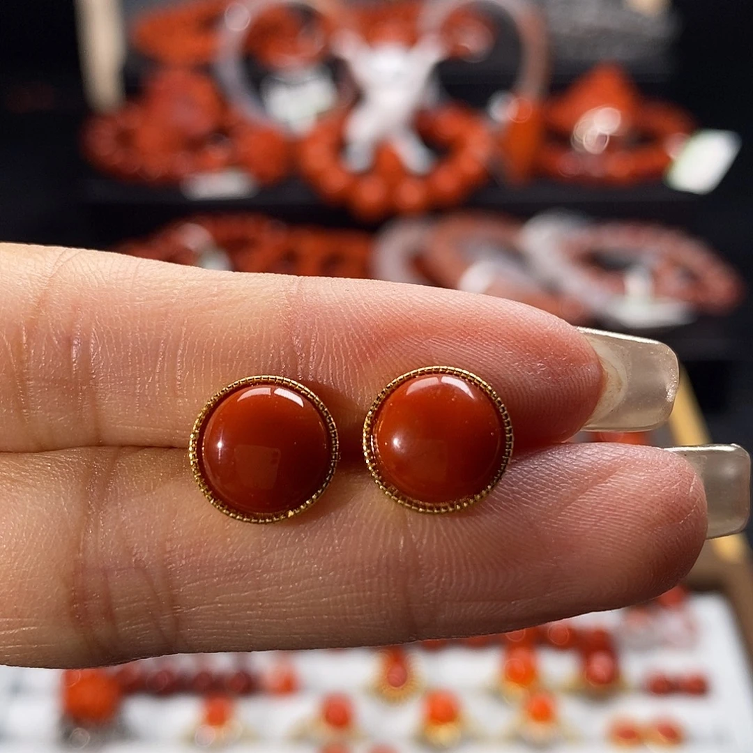 南红玛瑙银S925镶嵌四川凉山瓦西耳钉