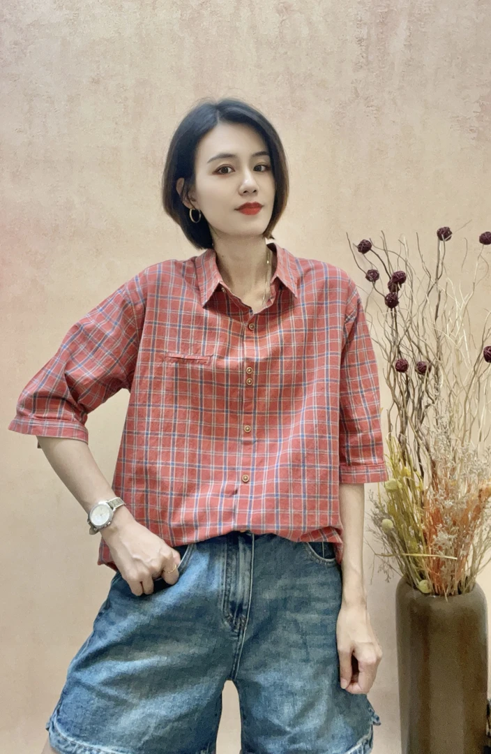 夏季格纹衬衫女纯棉薄款中袖休闲百搭遮肉显瘦舒适上衣2025新款