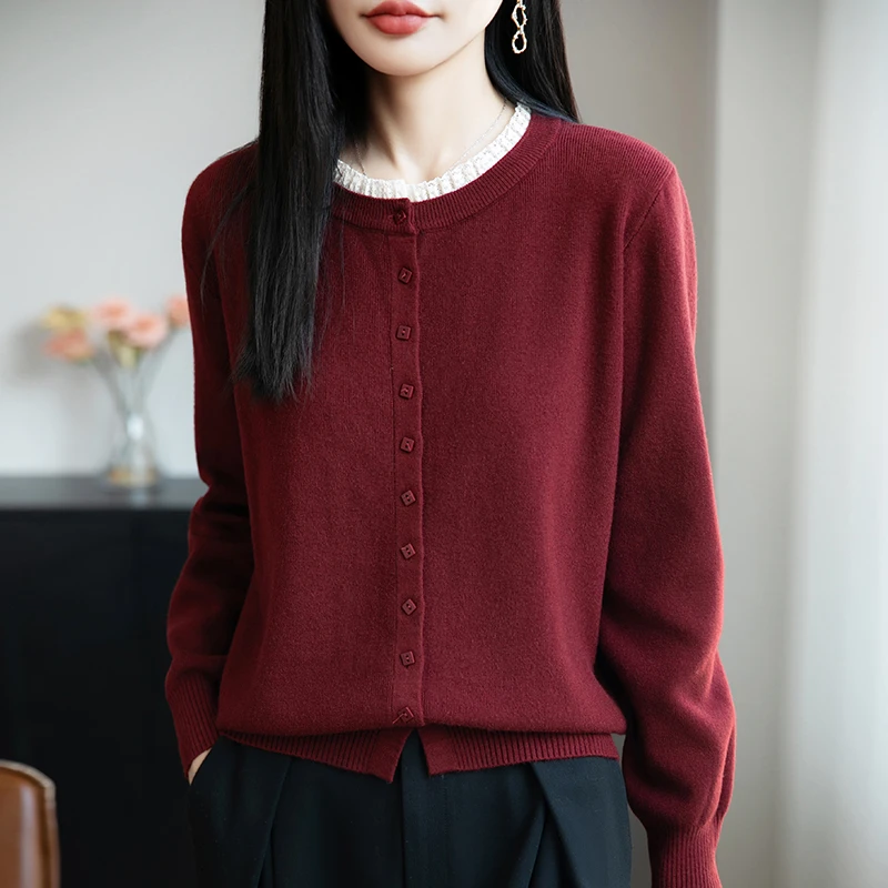 时尚纯100羊毛衫女装2025秋季新款撞色蕾丝圆领开衫宽松显瘦毛衣