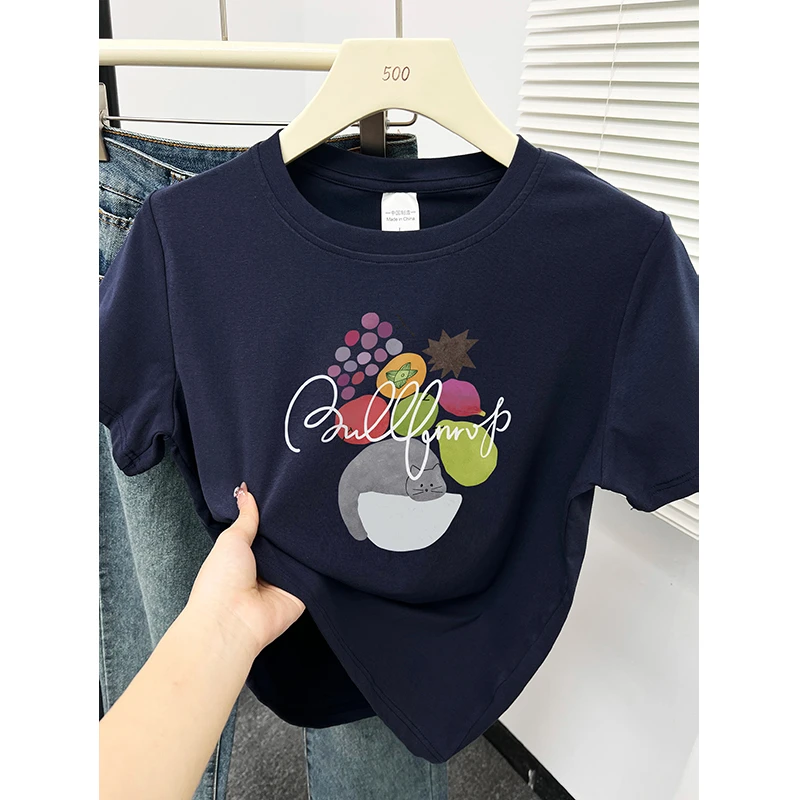 韩版小个子穿搭正肩显瘦短袖t恤女夏季爆款设计感印花圆领上衣潮