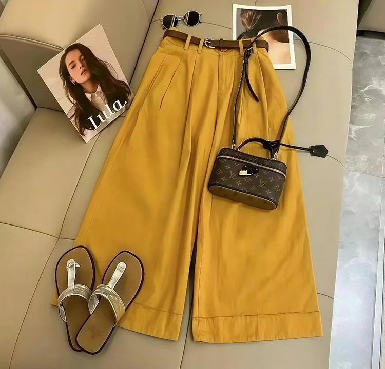 【送腰带】 2025夏季新款 简约休闲宽松阔腿裤直筒九分裤子女1071