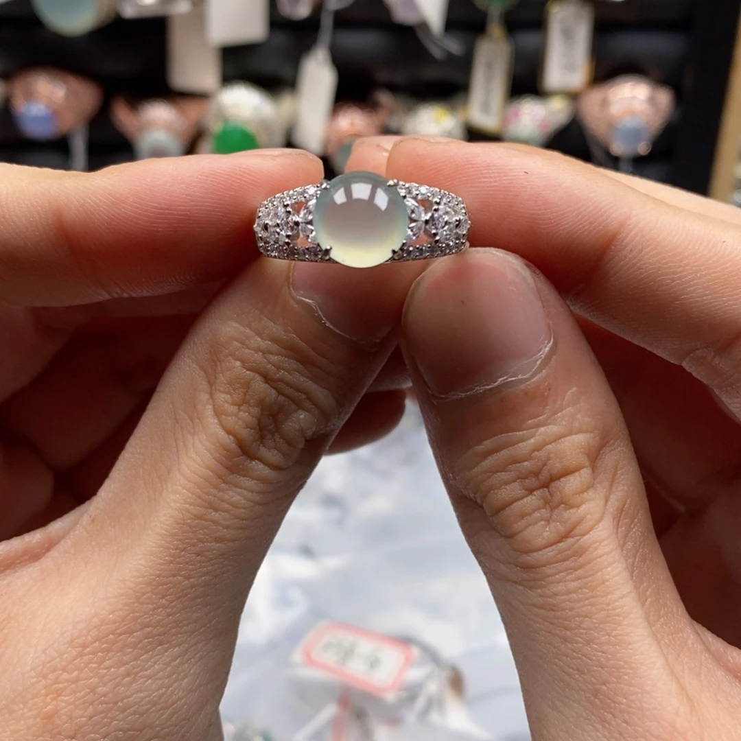 翡翠戒指银S925镶嵌天然缅甸翡翠a货