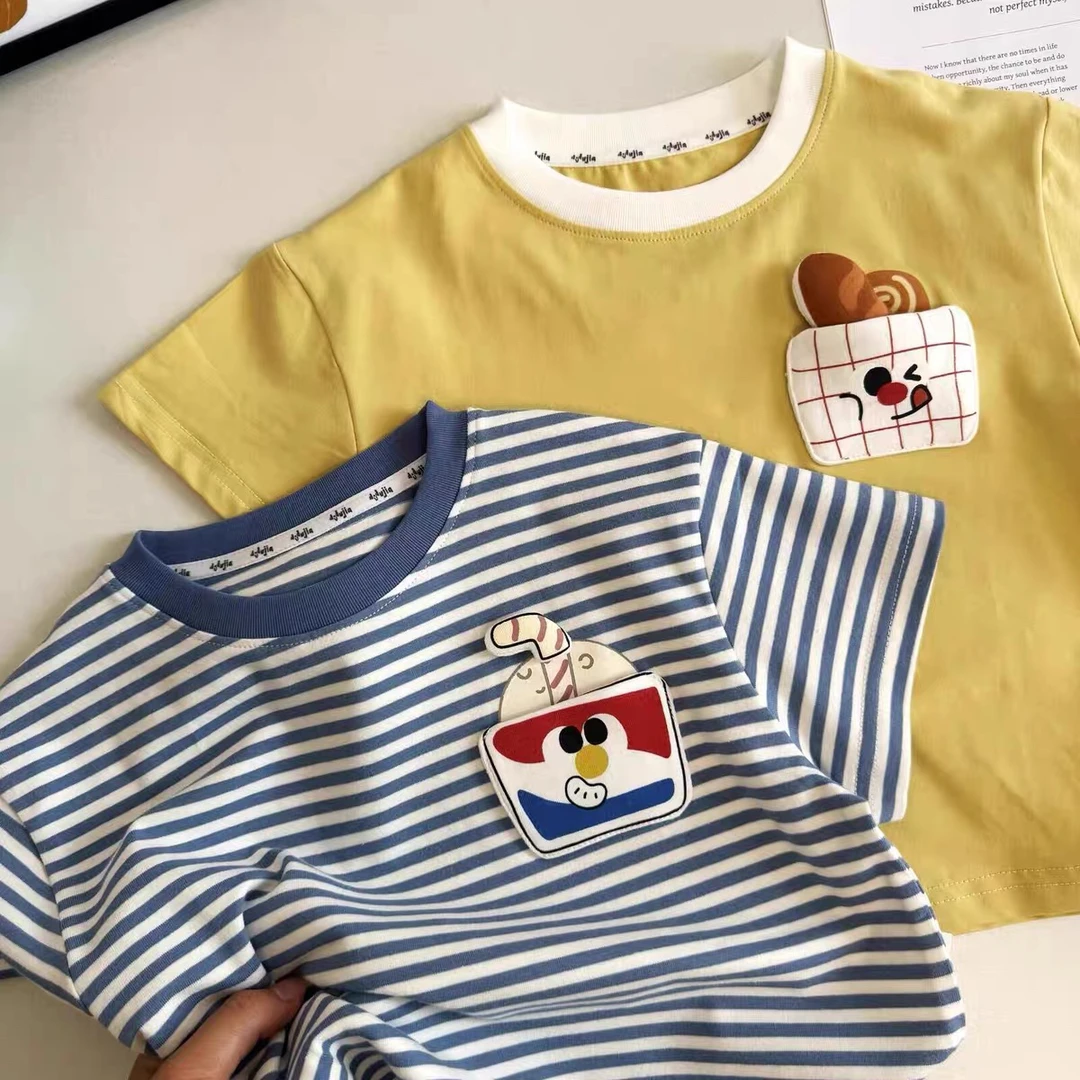 推荐入!可爱卡通儿童短袖T恤夏季男童纯棉条纹上衣宝宝半袖T恤潮