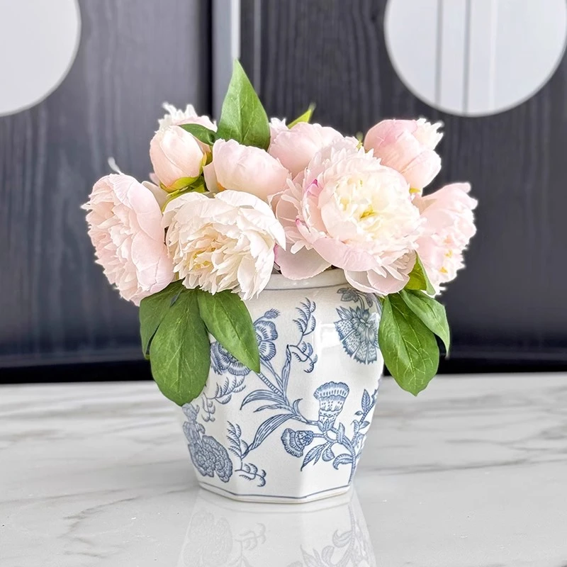 S13（芍药花瓶大号）六角青花||景德镇桌面高端陶瓷花瓶花盆