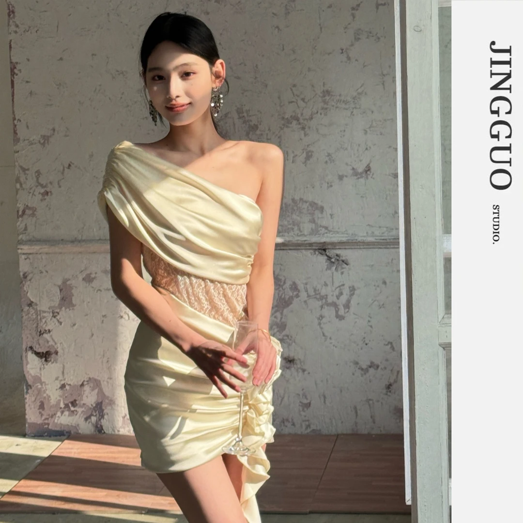 【JINGGUO轻奢】小众设计感法式气质不规则褶皱斜肩连衣裙7270