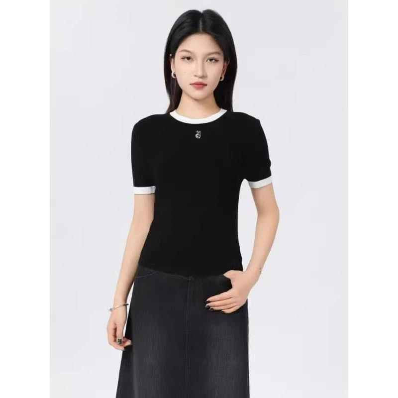 商场同款2025年夏季新款简约时尚百搭圆领撞色冰丝针织衫短袖t恤