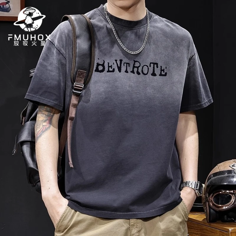 @放牧火星 美式复古洗水渐变短袖t恤男夏季2025新款高端重磅体恤