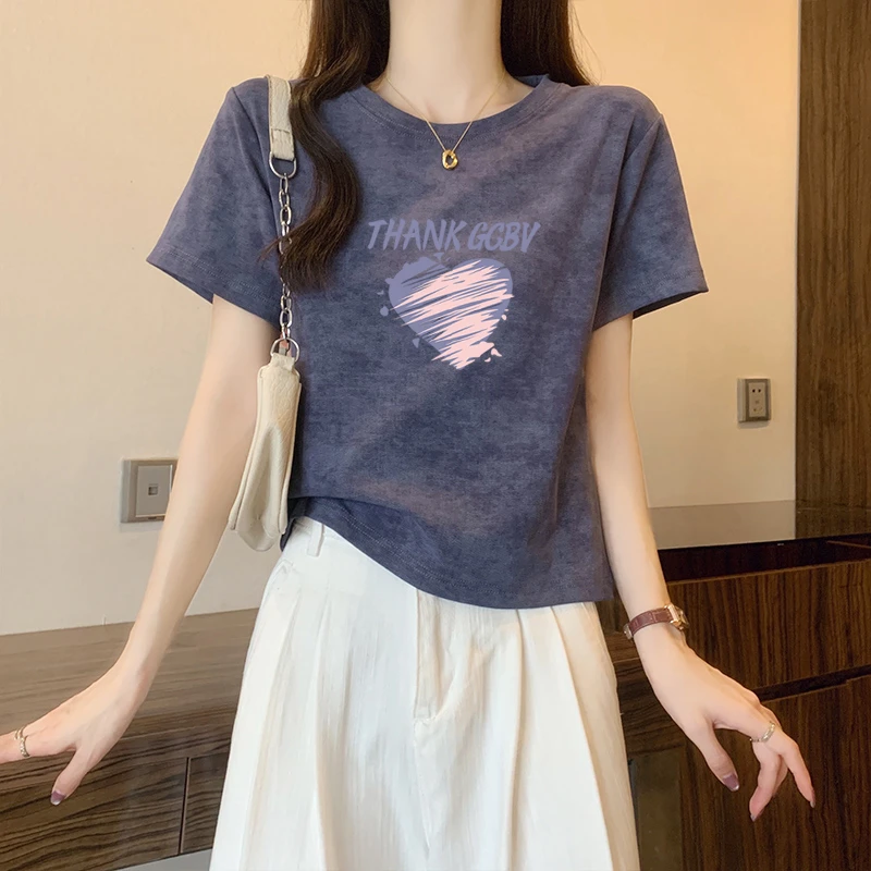 美式扎染短袖T恤女2025夏季新款修身显瘦设计感小众正肩洋气上衣