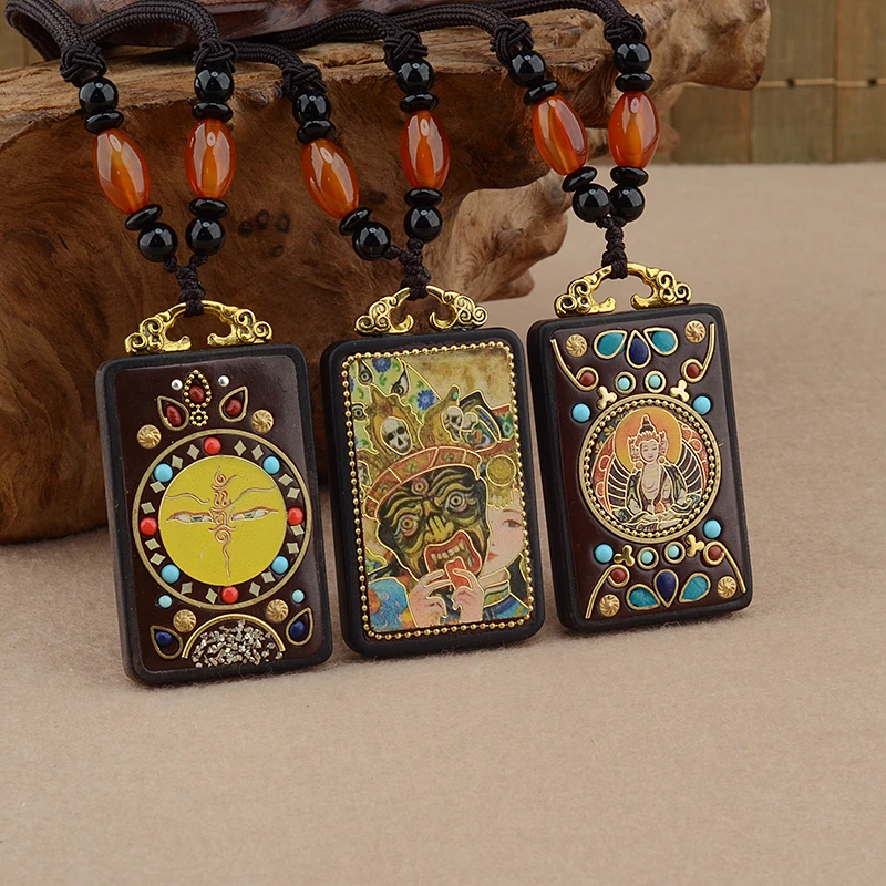 非金属布艺项链 西藏唐卡黑檀木扎基拉姆吊坠项链手作佛像无事牌